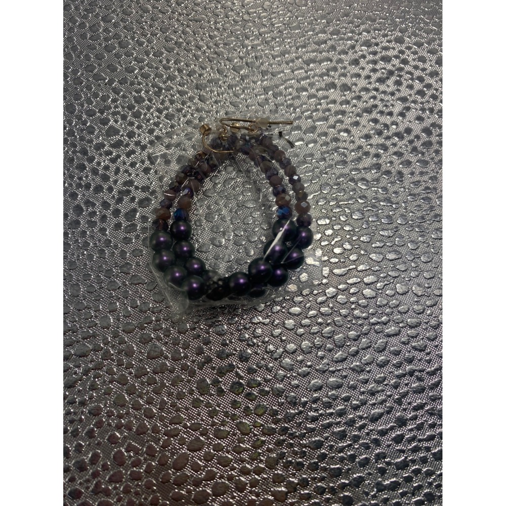 Purple Beaded Hoop Earrings Iridescent Crystal Multi Layer Drop Gold Tone